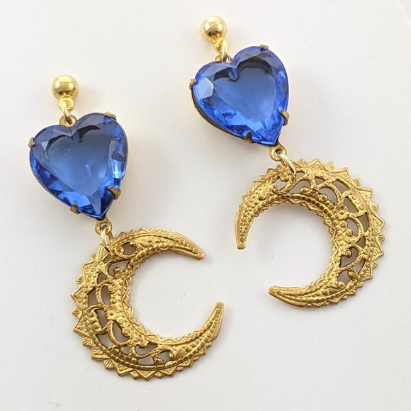 Blue Crystal Heart & Moon Earrings - Picture 1 of 3